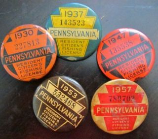 Five Vintage Pennsylvania Fishing License Pins,  1930,  1937,  1947.  1953,  1957