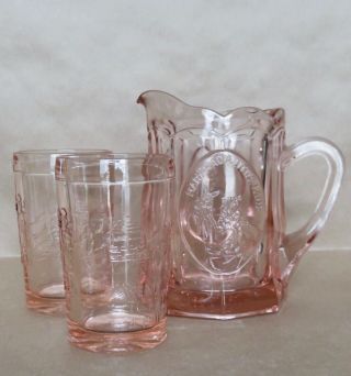 Vintage Tiara Pink Glass Jack & Jill Pitcher And Juice Glasses Set/3
