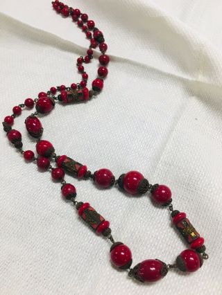 Antique Early 1900’s Red Glass Bead Necklace