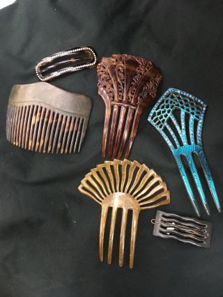 Antique Victorian & Deco Faux Tortoiseshell Hair Combs And Hair Clip & Buckle