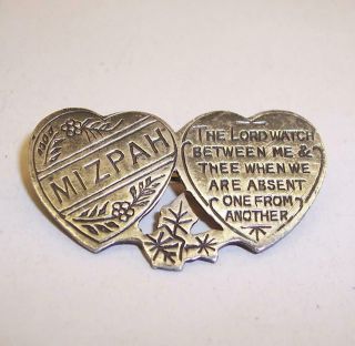 Vintage Ww1 Love Token Mizpah Double Heart Silver Brooch Sweetheart