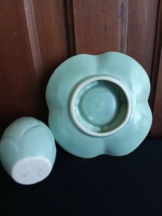 Antique Weller Pottery Lotus Water Lilly Flower Frog Vase Matte Green 3