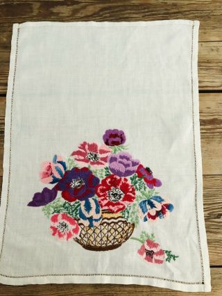 Vintage Hand Embroidered Chair Back Cover Flower Basket Drawn Thread