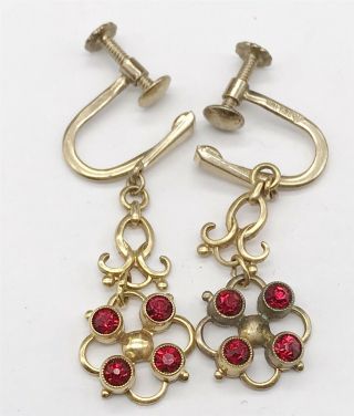Antique Victorian 9ct Rolled Gold Ruby Red Glass Set Pendant Dropper Earrings