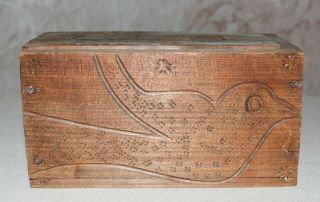 Antique Vintage Hand Made Carved Wood Sliding Top Box Birds Heart Primitive 3