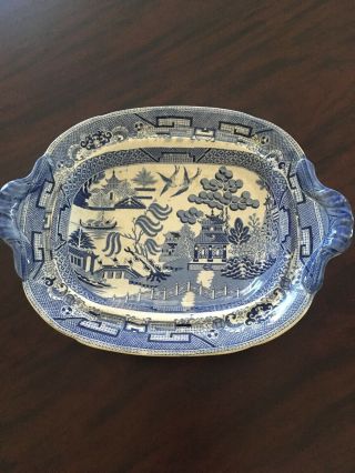 Antique Blue Willow Pattern Rimmed Serving Bowl W/ Pedestal And Handles
