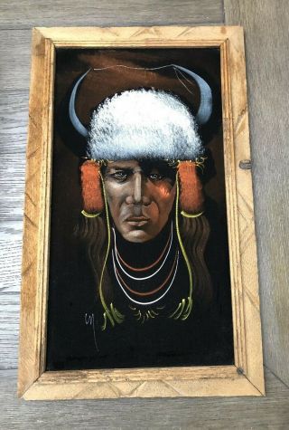 Vintage Black Velvet Painting Indian Native American Mexico Signed