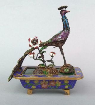 Miniature Chinese Silver Enamel Filigree Peacock Bird Statue Cloisonne Pot