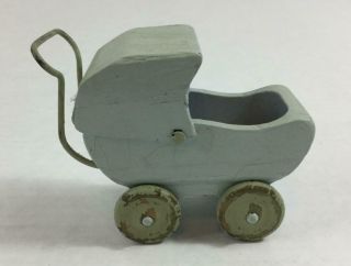 Vintage Wooden Baby Carriage Buggy Stroller Doll Furniture 4 " X2 " X3 " Antique Blue
