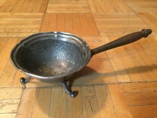 18th To Early 19th Century 3 Legged Pewter Warming Dish W Wood Handle Well Made