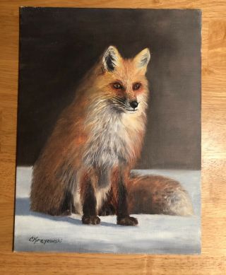 Fox Acrylic Painting;,  Vintage,  Signed (c.  Krzyzowski) 9” X 12”