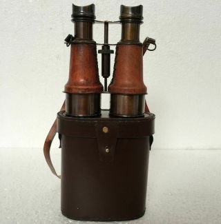 Antique Nautical Binocular With Brown Leather Case Vintage Gifting Item