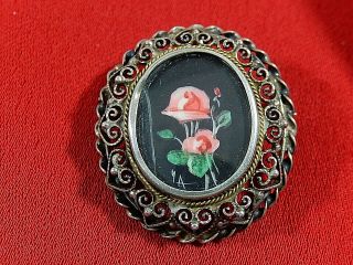 Antique 800 Silver Hand Painted Signed Roses Flower Brooch Pin Or Pendant
