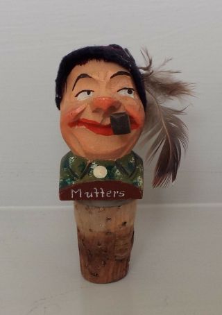 Vintage Austrian " Mutters " Hand Carved Black Forest Cork Bottle Stopper Souvenir