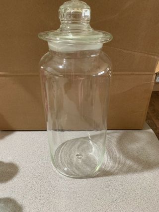 Large Antique Hand Blown Clear Glass Apothecary Jar Approx 8 Inches With Lid