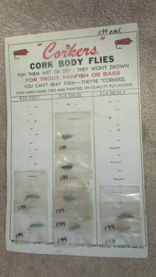 Vintage Corkers Cork Body Flies Fishing Lure Dealer Card - 14 Inch,  14 Grub,  14