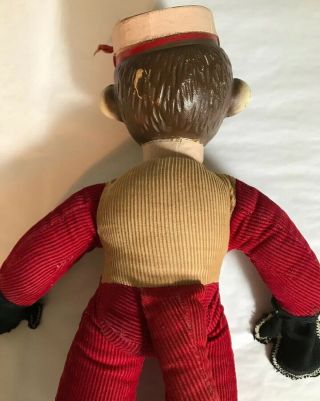 Vintage 1940’s Stuffed Corduroy Organ Grinder Monkey Toy W/Plastic Head 6