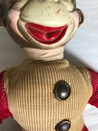 Vintage 1940’s Stuffed Corduroy Organ Grinder Monkey Toy W/Plastic Head 8