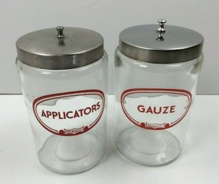 2 Vintage Glasco Clear Glass Apothecary Jars Gauze Applicators W/ Stainless Lids