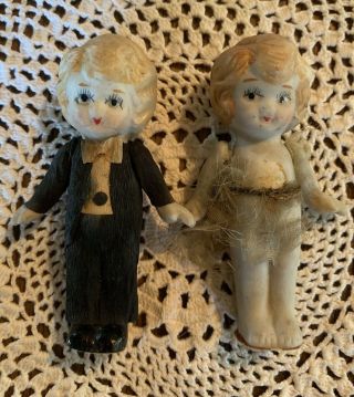 Antique Japan Bisque Bride And Groom Dolls Jointed Arms 3” Tall Nr