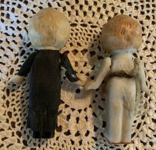 ANTIQUE JAPAN BISQUE BRIDE AND GROOM DOLLS JOINTED ARMS 3” TALL NR 2