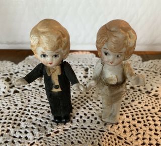 ANTIQUE JAPAN BISQUE BRIDE AND GROOM DOLLS JOINTED ARMS 3” TALL NR 4