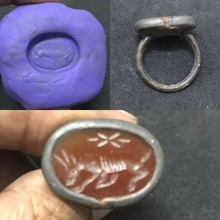 Antique Roman Bronze Animal Seal Intaglio Old Ring Red Agate Carnelian 13