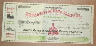 Rogue River Hydraulic Mining Company 1870’s Antique Oregon Stock Certificate