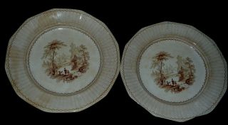 Antique Pair P.  W & Co 10 1/2” Brown Pearl Stone Ware Ivanhoe Transferware Plates