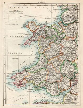 Map Of Wales Anglesey Cardigan Cardiff W & Ak Johnston 1902 Antique