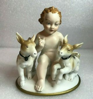Vintage German Signed Porcelain Bisque Figurine Baby & Goats
