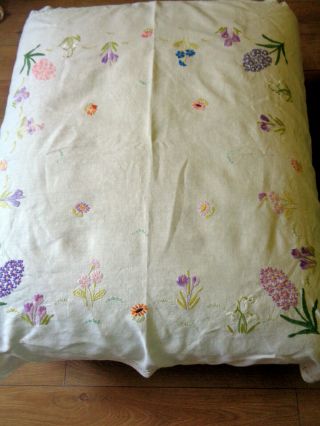 Vintage Tablecloth Hand Embroidered Spring Flowers Crochet Border 46 " Square