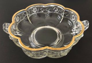 Antique Clear Pressed Glass Eapg Gold Trimmed Handled Scalloped Rose Roses Bowl