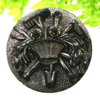 Victorian Silver Luster Glass Button W/ Basket Of Flowers & Garden Tools B59