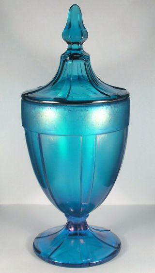 Antique Fenton Celeste Blue Stretch Glass Candy Jar.  636