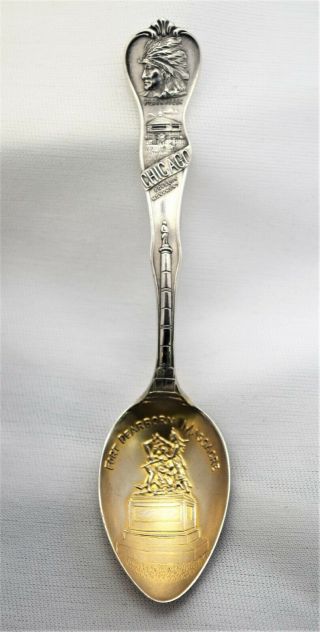 Vintage 4 1/8 " Chicago Il Ft Dearborn Massacre Sterling Silver Souvenir Spoon