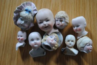 9 Antique German Bisque Doll Heads,  Painted
