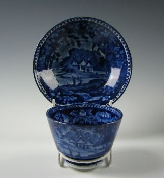 Antique Dark Blue Staffordshire Cup And Saucer Circa 1825