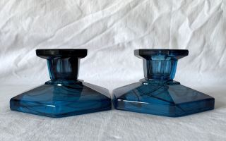 2 Antique Art Deco 1925 - 1934 Blue Davidson Cloudglass Cloud Glass Candlesticks