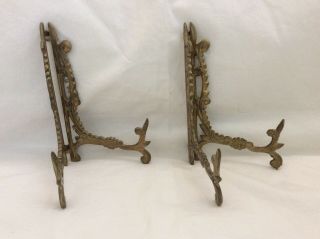 Antique Vtg Solid Brass Easel Ornate Folding Display Stand Frame Holder Set Of 2