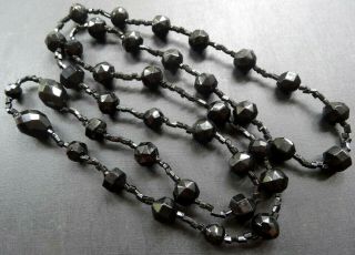 Antique Vintage Art Deco French Jet Black Glass Bead Long Flapper Necklace - D68