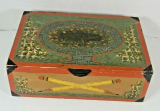 Antique Early Painted/decorated Small Box Folk Art 10 1/2 X 7 1/4 X3 1/2 Inches