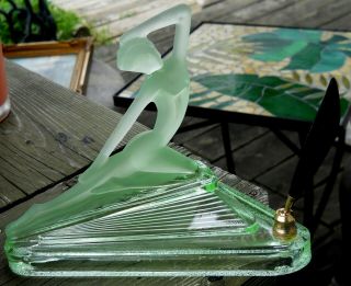 Green Glass Figural Art Deco Lady Bakelite Pen Holder