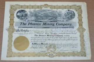 The Phoenix Mining Company 1905 Antique Stock Certificate – 52.  5 Of All Shares