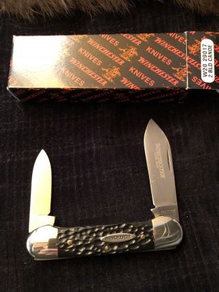 Winchester Usa Jigged Black Canoe Pocket Knife 29017 Workman Series Nib