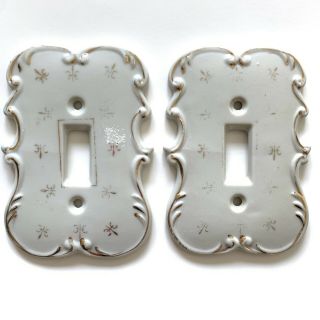 2 Vintage White Gold Fleur De Lis Switch Plate Light Covers Japan Porcelain Two