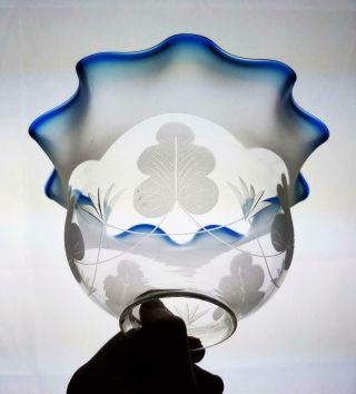 Victorian Blue Tipped Cut Glass Kerosene Paraffin Oil Gas Lamp Shade