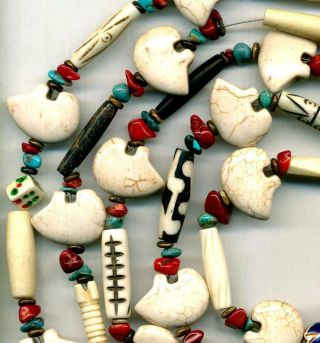 Zuni Bear Stone Beads African Carved Horn Red Coral Turquoise Looong 63 " Strand