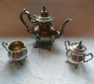 Vintage Oneida 3 - Pc Silverplate Tea Set Teapot And Creamer And Sugar Bowl
