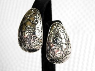 Lg Vtg 80s Avon Clip On Earrings Hoops Floral Garden Antiqued Silver Plated Z15